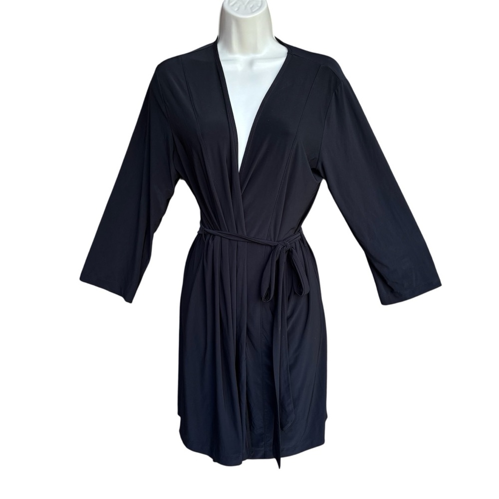Ambrielle Womens Kimono Belt Robe 3/4 Sleeve Short Mini Black Size SMALL S